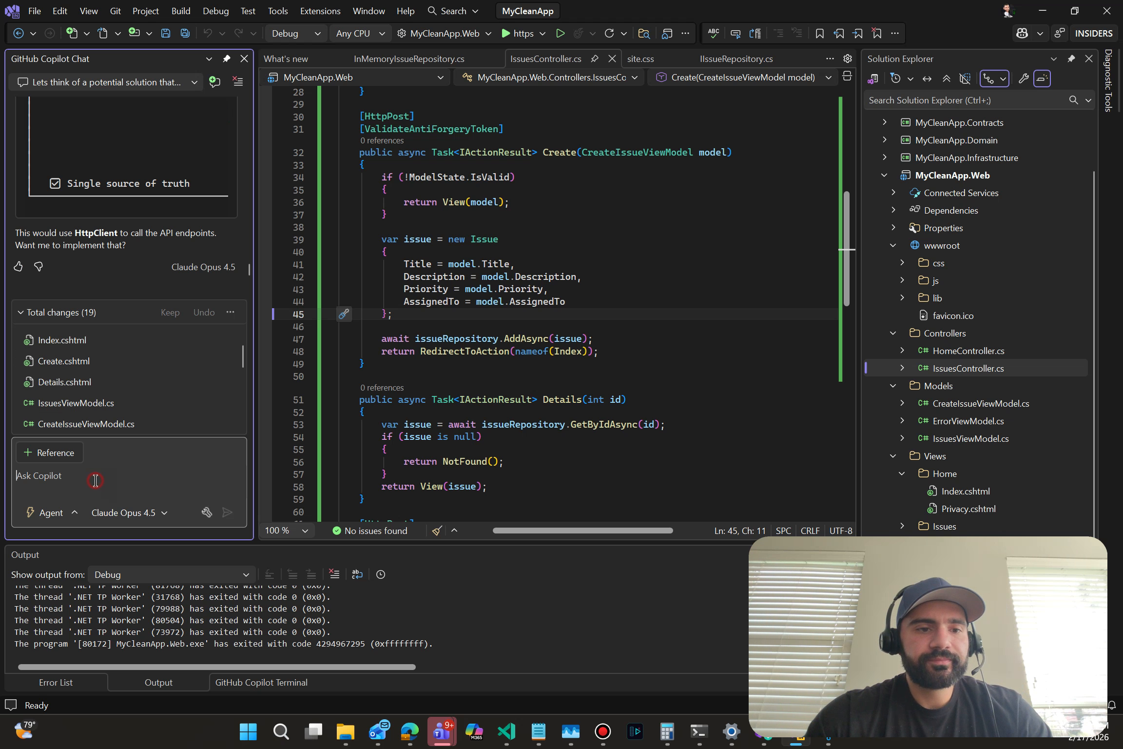 Copilot-generated instructions file alongside successful build output and test coverage results in Visual Studio