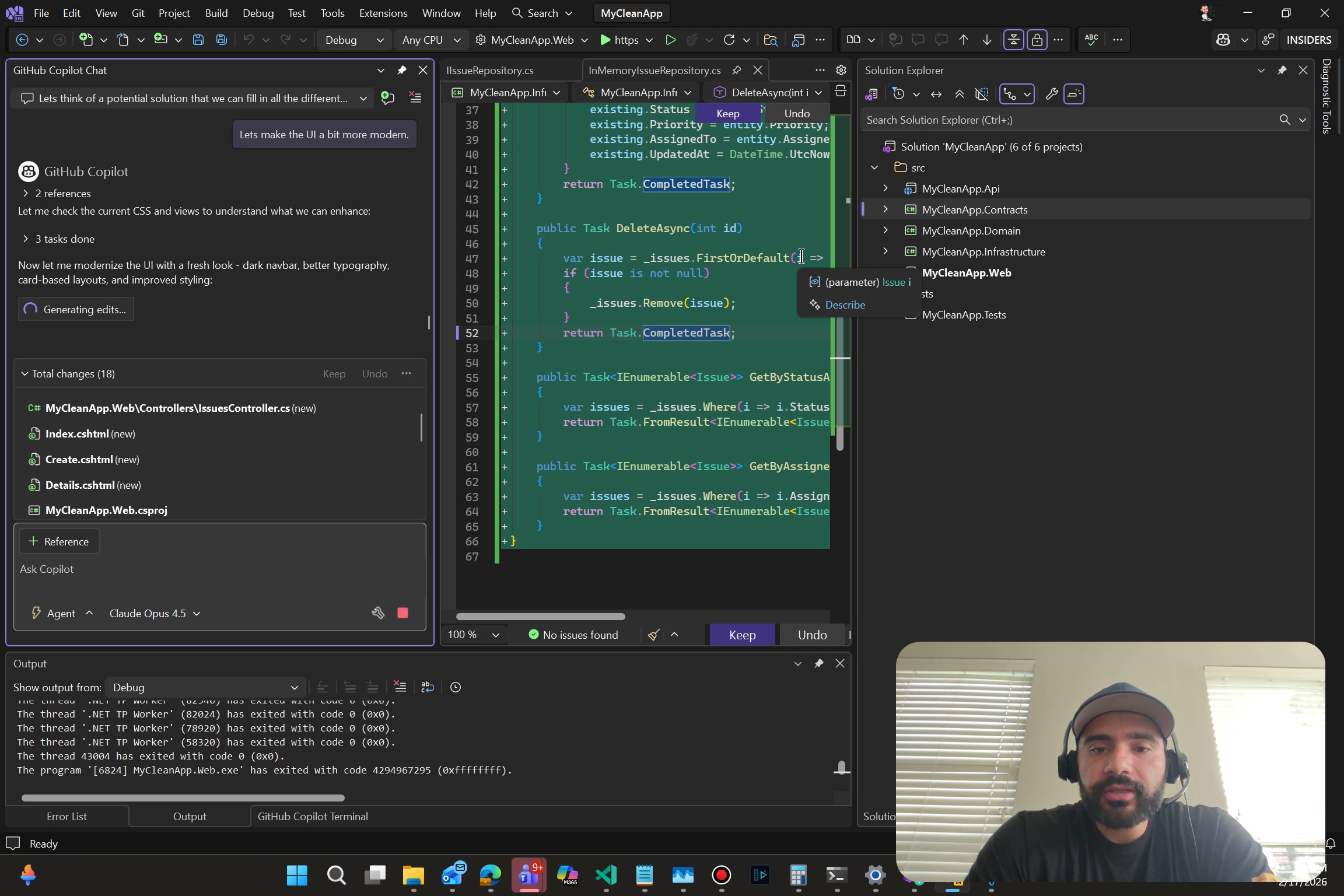 The issue tracker after Copilot modernized the UI — transformed from a default template into a polished modern web application