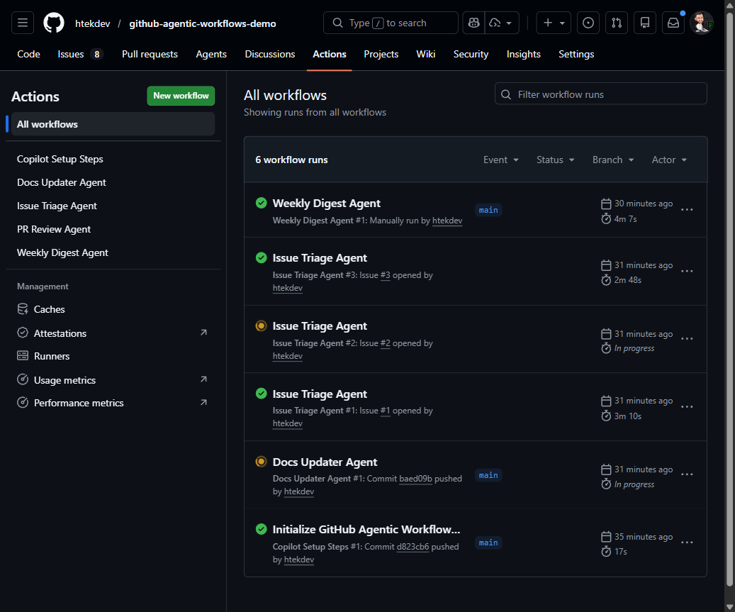 All agentic workflows running in the GitHub Actions tab