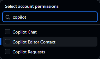 Fine-grained PAT setup showing the Copilot Requests permission