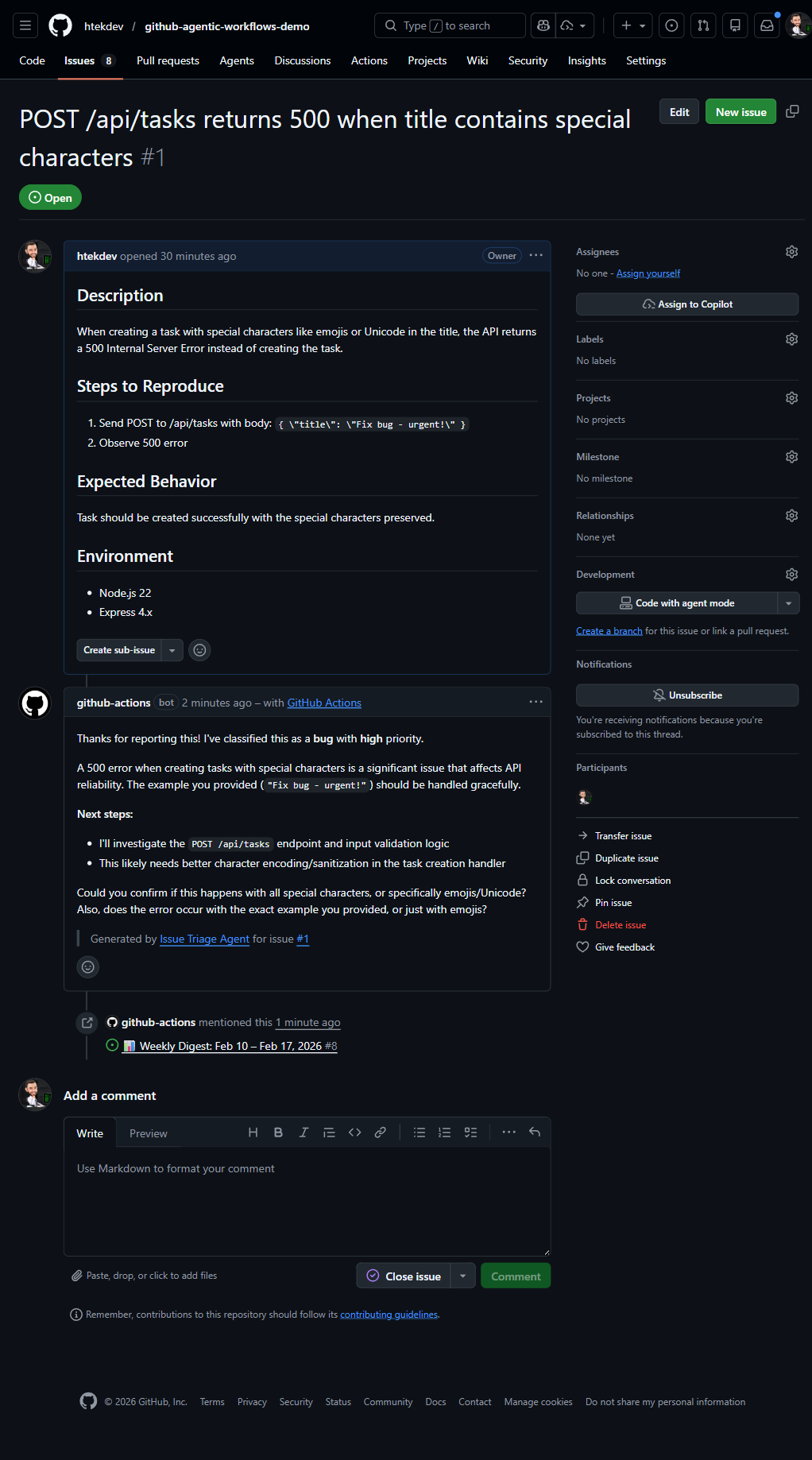 Issue Triage Agent automatically analyzing and responding to a bug report