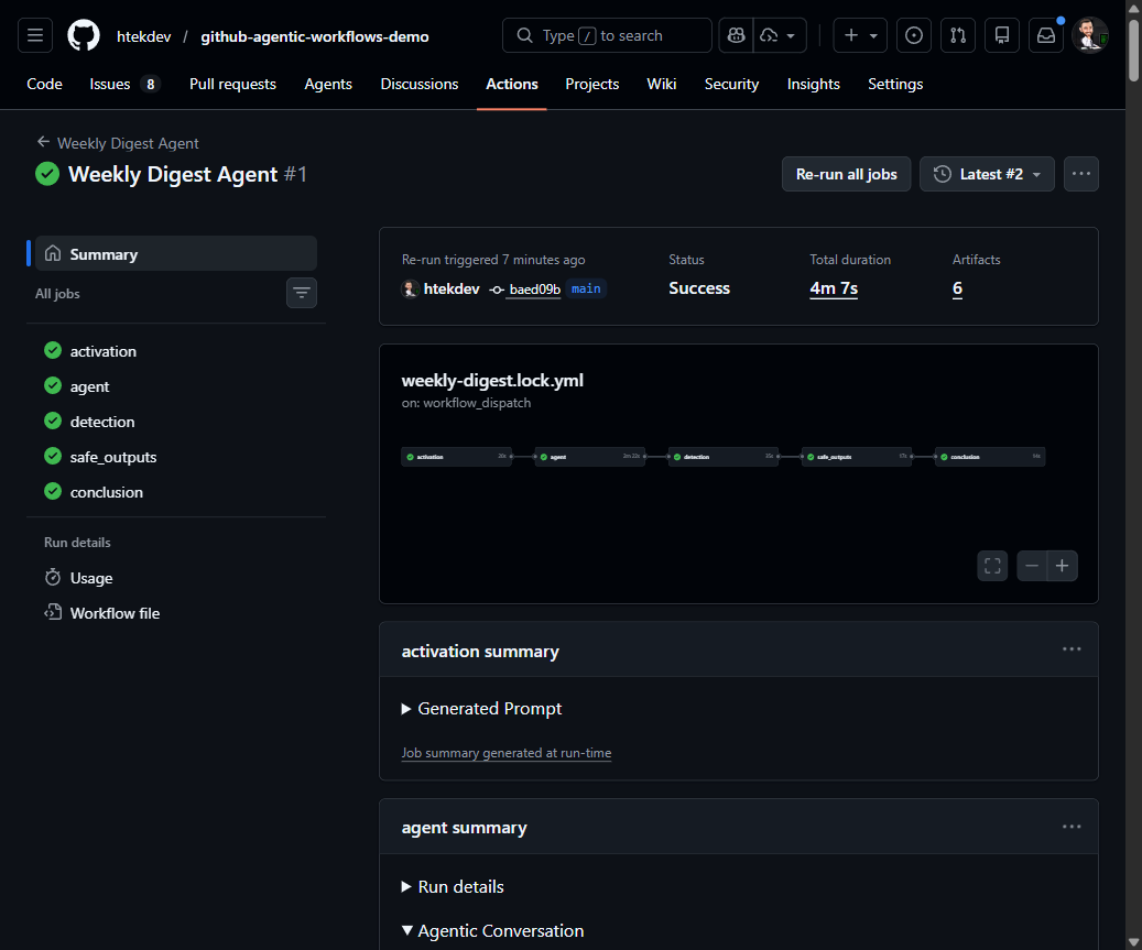 Weekly Digest Agent workflow run showing all stages completed successfully