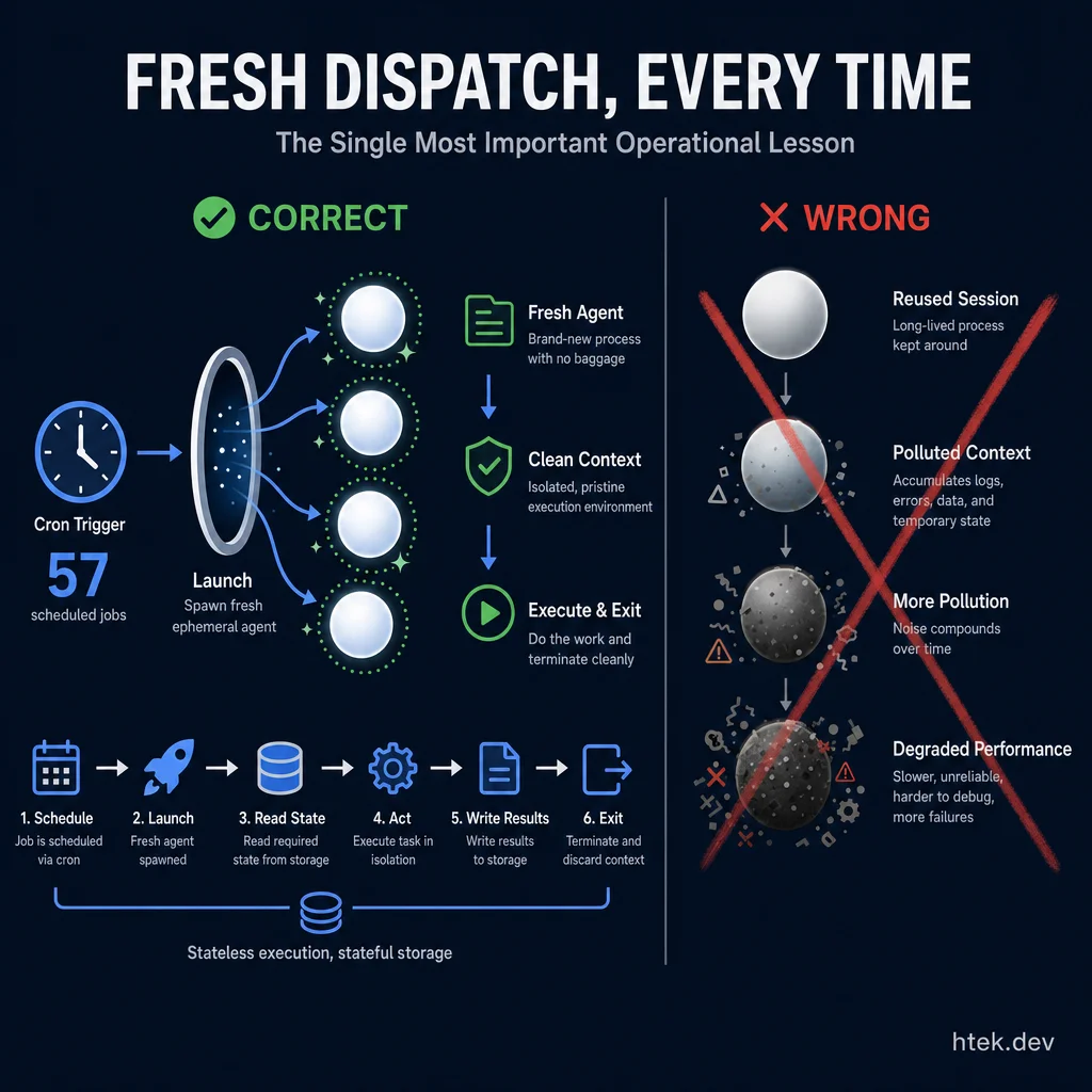 Fresh Dispatch architecture showing the correct pattern (cron trigger spawns fresh ephemeral agents with clean context that execute and exit) versus the wrong pattern (reused sessions accumulating polluted context leading to degraded performance)
