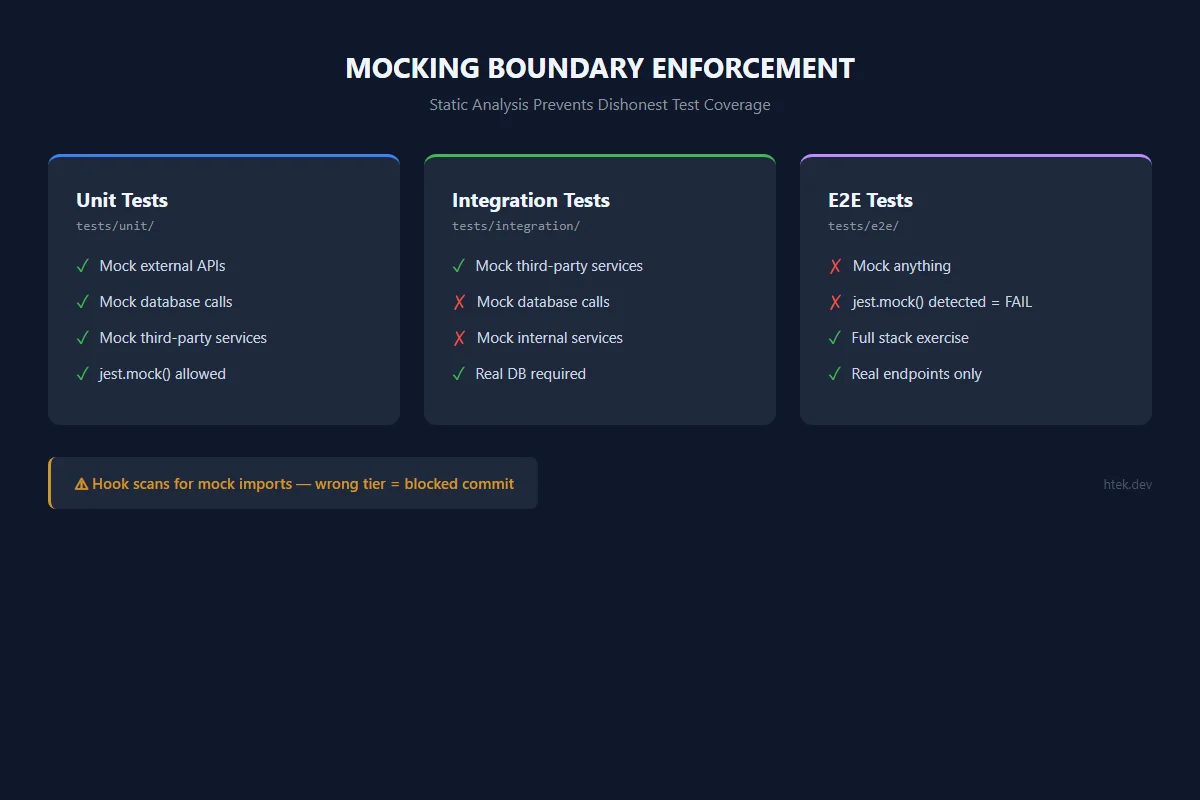 Mocking boundary enforcement showing three test tiers — Unit, Integration, and E2E — with their allowed and blocked mock patterns