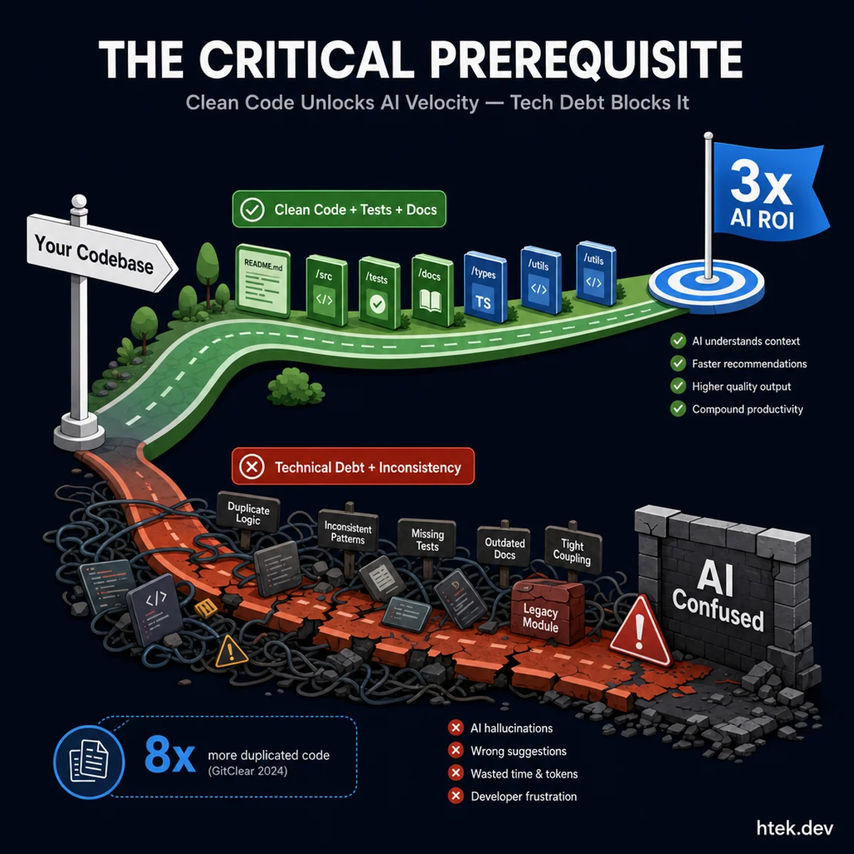 Two diverging paths — clean code with tests leads to 3x AI ROI while technical debt leads to AI hallucinations and compounding problems
