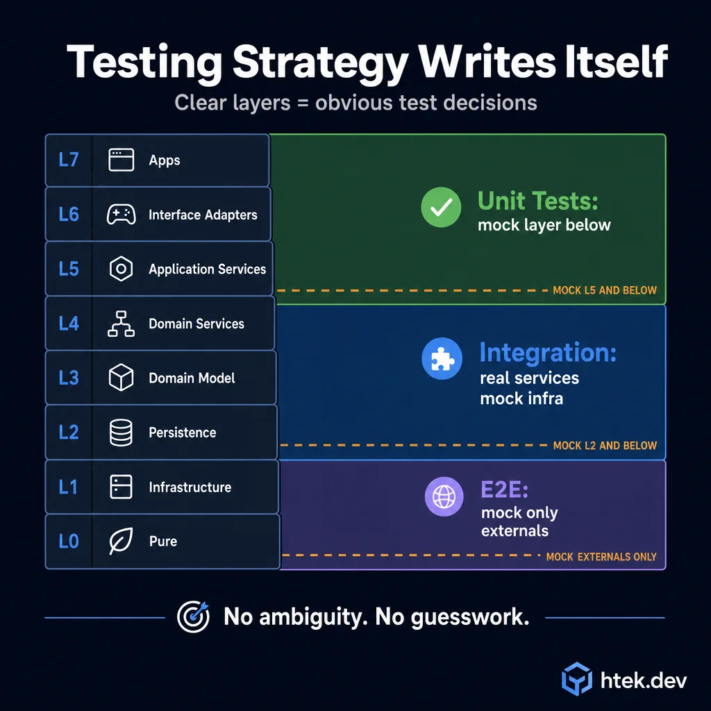 Testing strategy mapped to architectural layers — unit, integration, and E2E tests each target specific layer boundaries