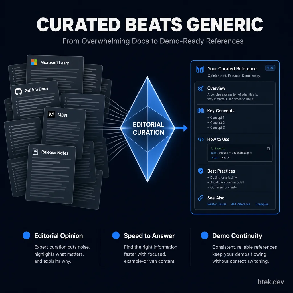 Curated vs generic documentation — overwhelming official docs from multiple sources pass through an editorial curation lens to produce a single clean, organized, demo-ready reference page