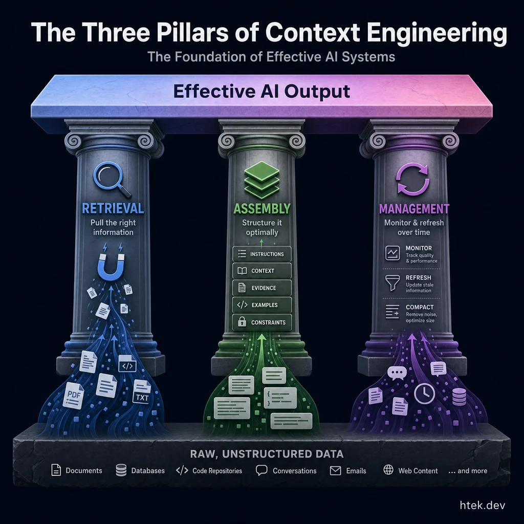 The Three Pillars of Context Engineering — Retrieval (pull the right information), Assembly (structure it optimally), and Management (monitor and refresh over time) — supporting effective AI output from raw unstructured data