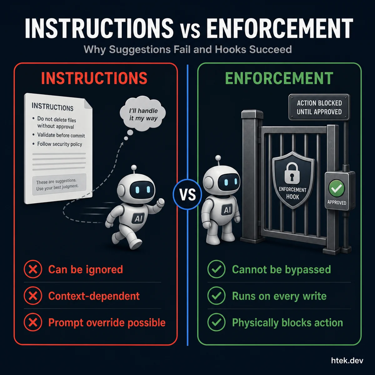 Instructions vs Enforcement — why suggestions fail and hooks succeed