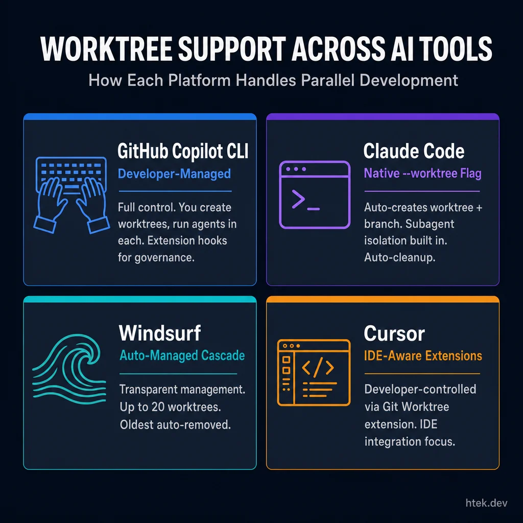 Comparison of worktree support across GitHub Copilot CLI, Claude Code, Windsurf, and Cursor — each tool's philosophy and approach to parallel development