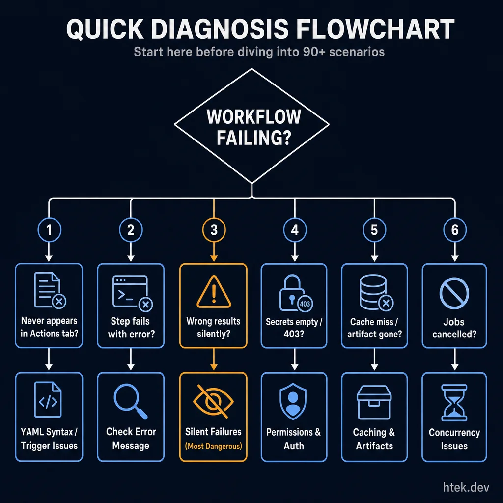 Quick diagnosis flowchart showing 6 debugging paths for GitHub Actions failures