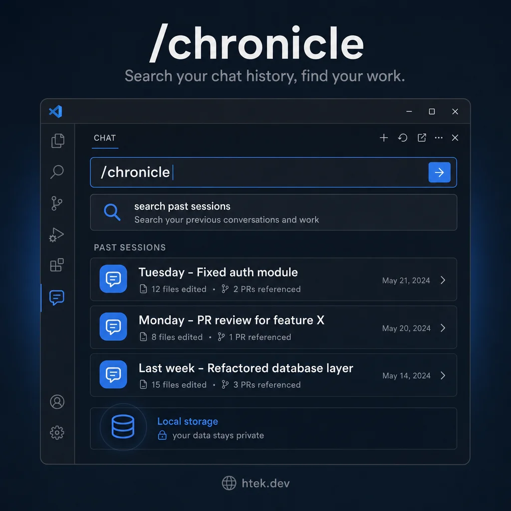 Chronicle feature showing local session history search with past work sessions and references