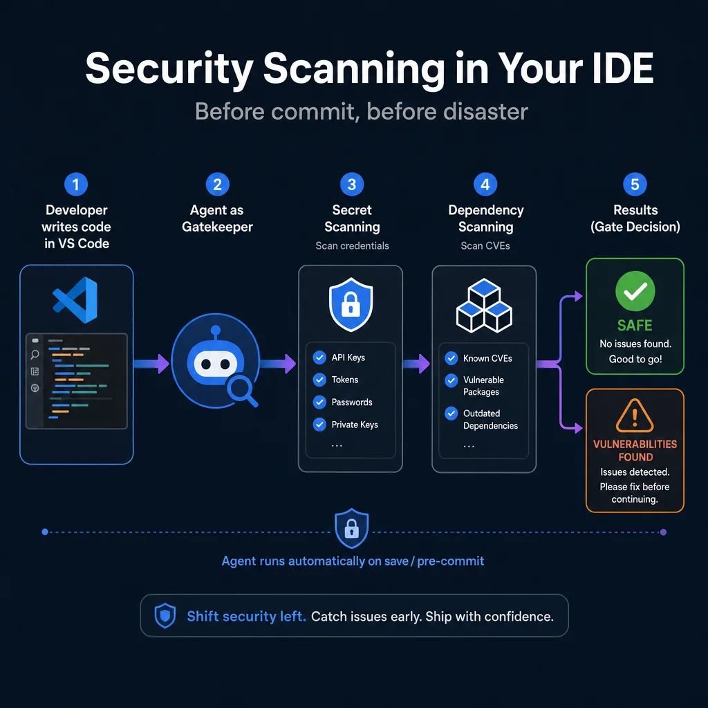 Shift-left security scanning workflow showing agent scanning for secrets and dependencies before commit