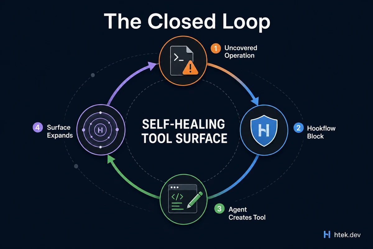Diagram showing the self-healing closed loop: an agent hits an uncovered operation, the hookflow catches and blocks it, the agent creates a new governed tool, and the tool surface expands — creating an organic growth cycle