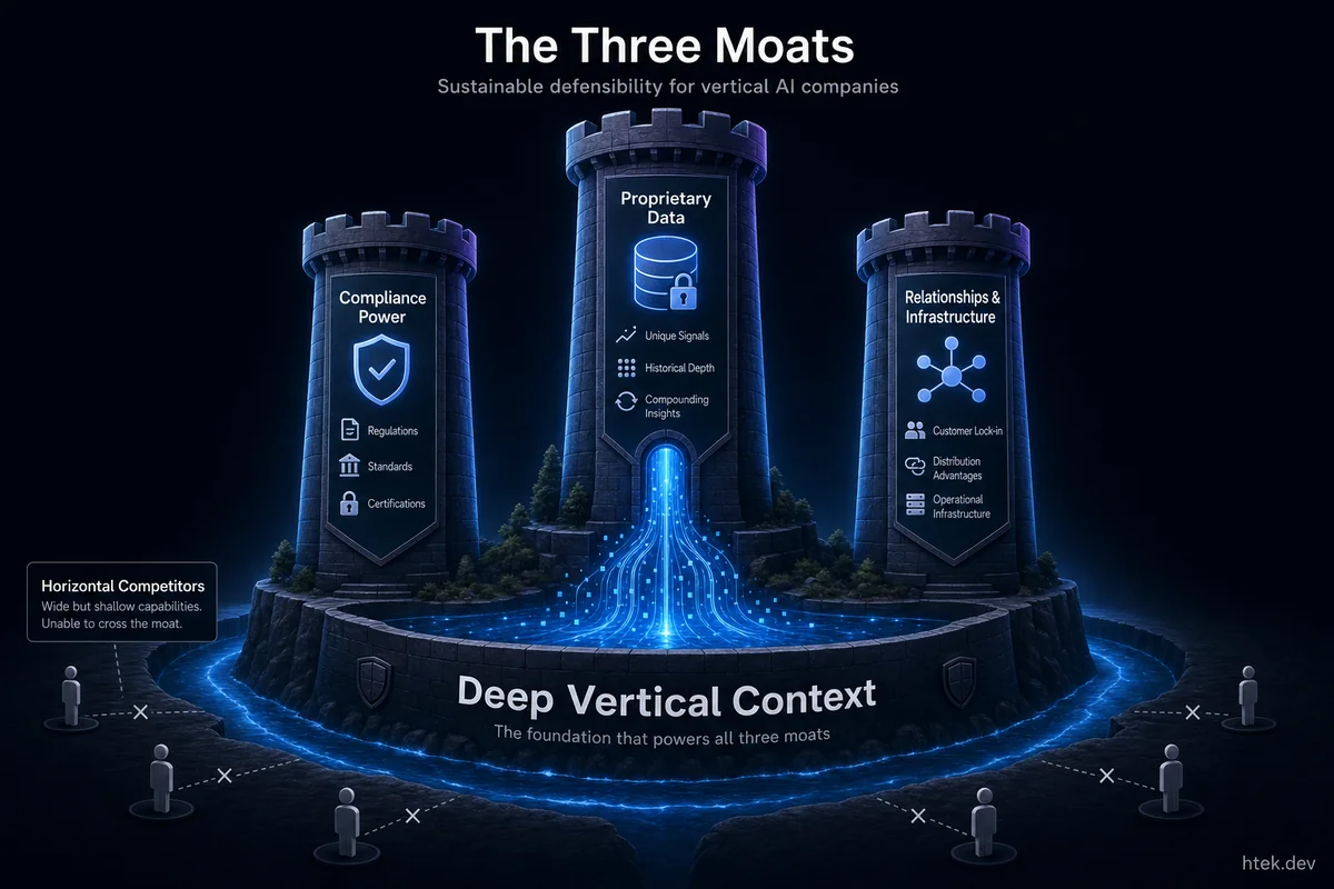 The Three Moats of the Vertical AI Company — Compliance Power, Proprietary Data, and Relationships & Infrastructure as three pillars built on deep vertical context