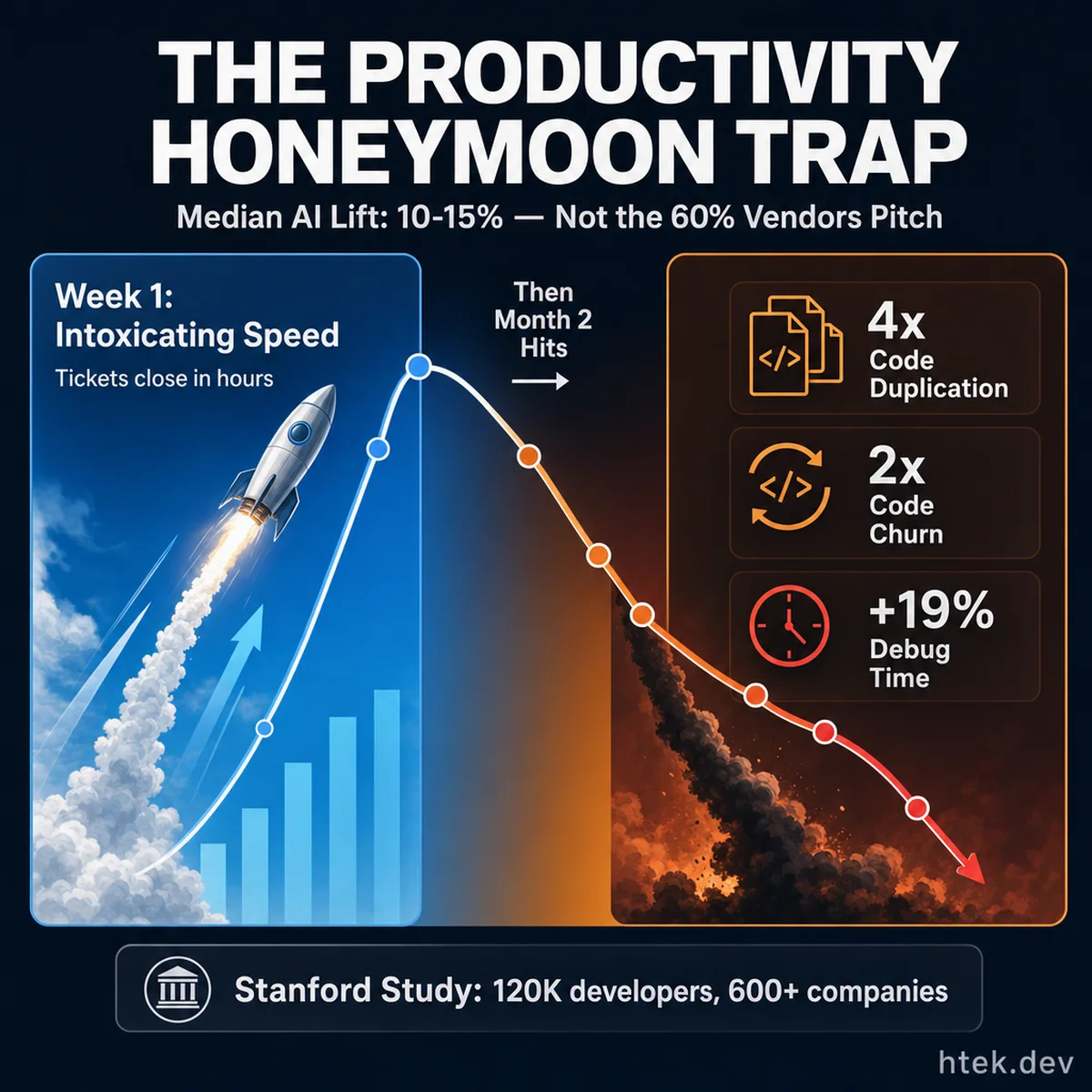 The Productivity Honeymoon Trap — initial velocity spike followed by quality erosion as AI coding tools deliver diminishing returns after month two