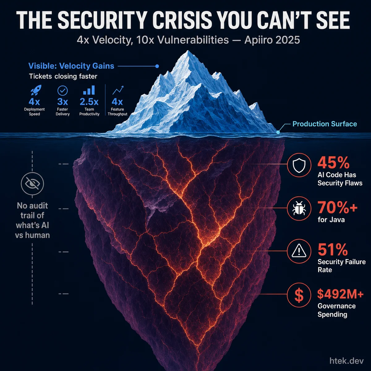 The invisible security crisis beneath velocity gains — an iceberg where visible speed hides massive hidden vulnerabilities multiplying below the surface