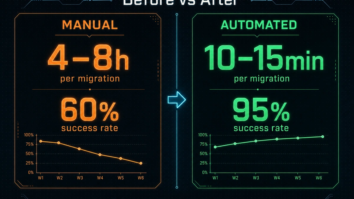 Side-by-side comparison of manual vs automated migration metrics: 4-8 hours vs 10-15 minutes, 60% vs 95% success rate, senior engineer vs any team member