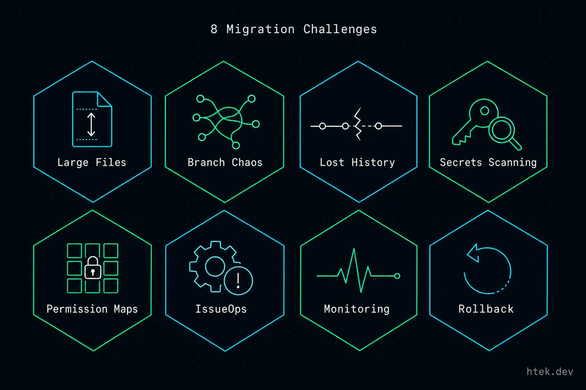 Hex-grid infographic of the 8 GitHub migration challenges solved by the issue-driven framework