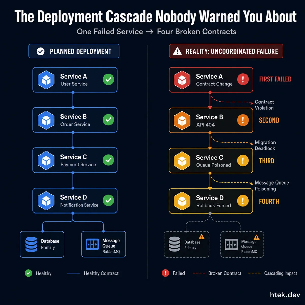 Cascade failure diagram showing how one service contract change triggers progressive failures across dependent services