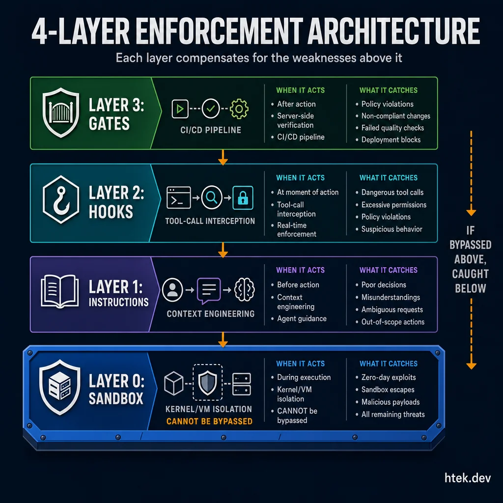 The 4-layer enforcement architecture showing how sandboxes at Layer 0 form the foundation that makes every other security layer trustworthy