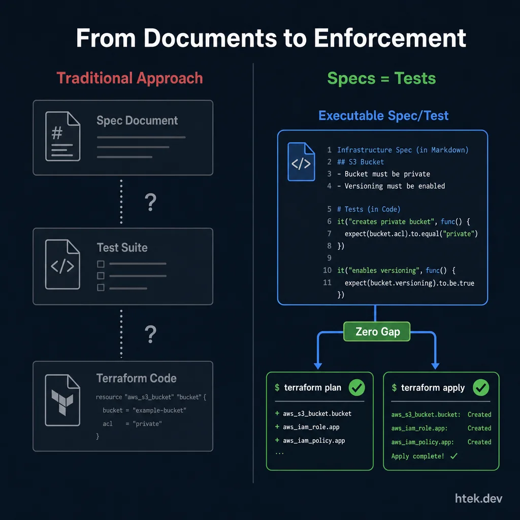 Before and after comparison showing the traditional approach of disconnected specs, tests, and code versus the unified Specs = Tests approach where executable test assertions replace documents