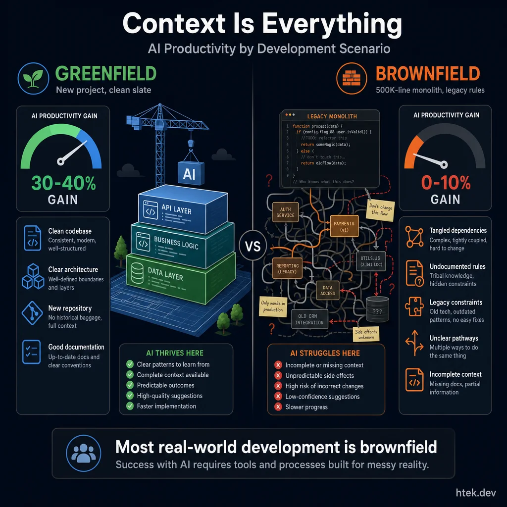 Split comparison showing AI thriving in greenfield development with 30-40% gains versus struggling in brownfield legacy codebases with 0-10% gains
