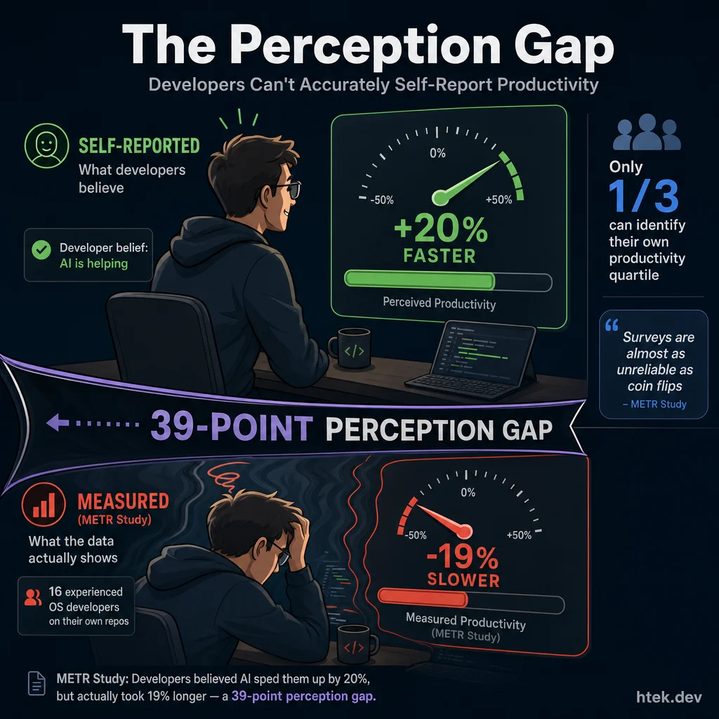 Illustration showing the 39-point perception gap — developers believe AI makes them 20% faster while measurements show they are actually 19% slower