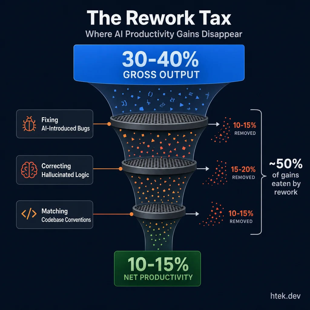 Funnel visualization showing how AI's 30-40% gross output gets filtered through bug fixes, hallucination corrections, and convention matching to yield only 10-15% net productivity