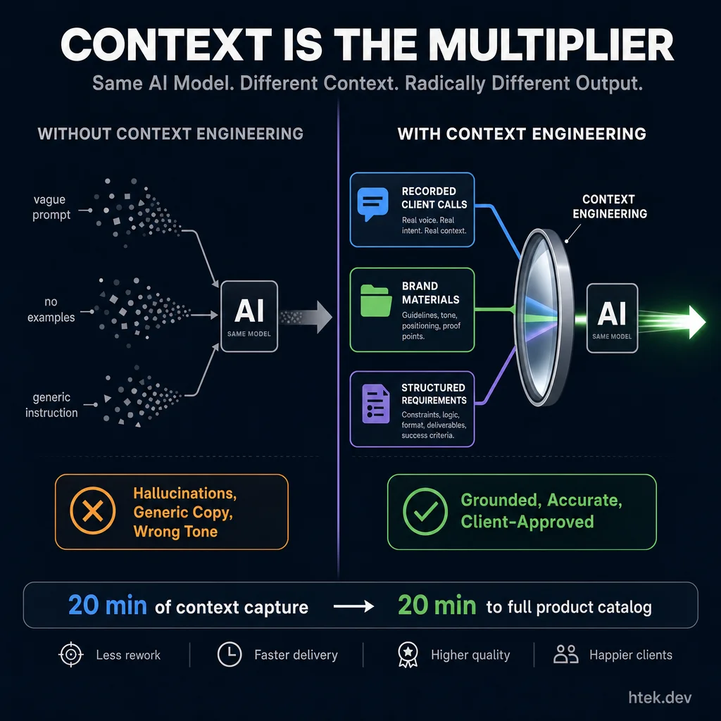 Context as the multiplier — comparing scattered low-context prompts that produce generic output versus structured high-context engineering that produces grounded, production-ready results