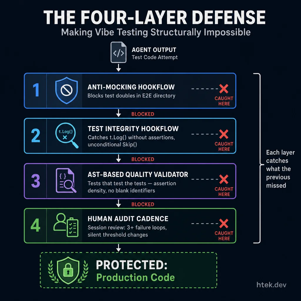 Four-Layer Defense Architecture — anti-mocking hookflow, test integrity hookflow, AST-based validator, and human audit cadence protecting production code