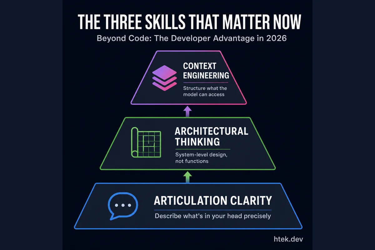 The three critical skills hierarchy for AI-assisted development: Articulation Clarity as the foundation, Architectural Thinking in the middle, and Context Engineering at the apex