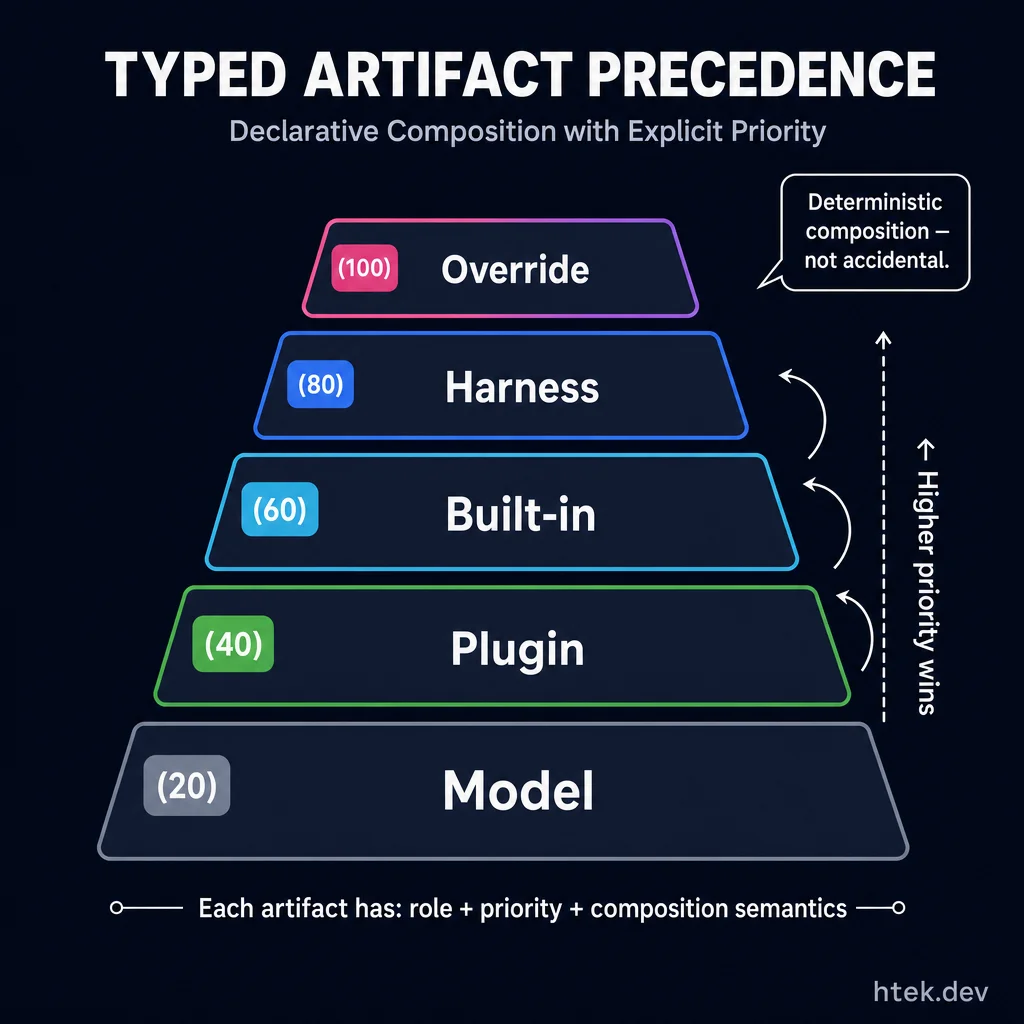 Typed artifact precedence — each layer has a declared role, priority number, and composition semantics