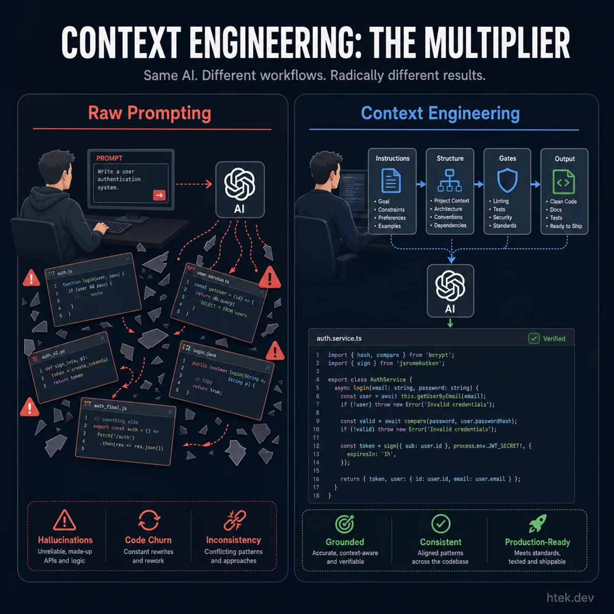 Context engineering as the multiplier — comparing raw prompting (chaos) vs structured context engineering (production-ready output)