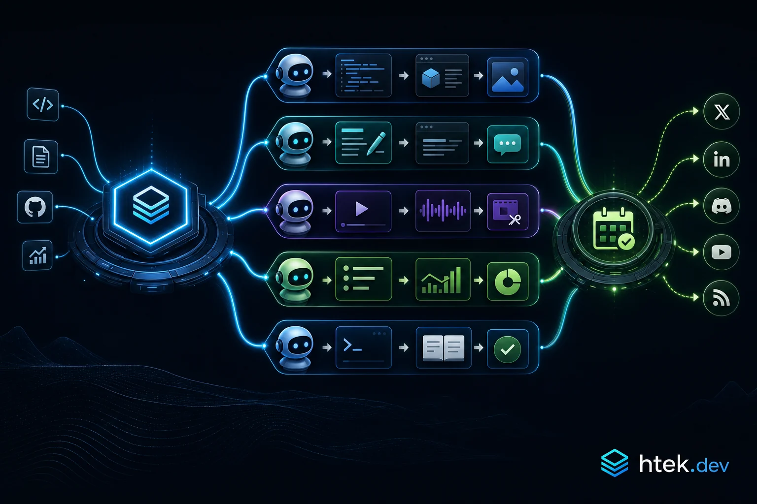 Concept illustration showing a content orchestrator fanning work into specialist lanes before reconverging into scheduling and issue-backed state tracking