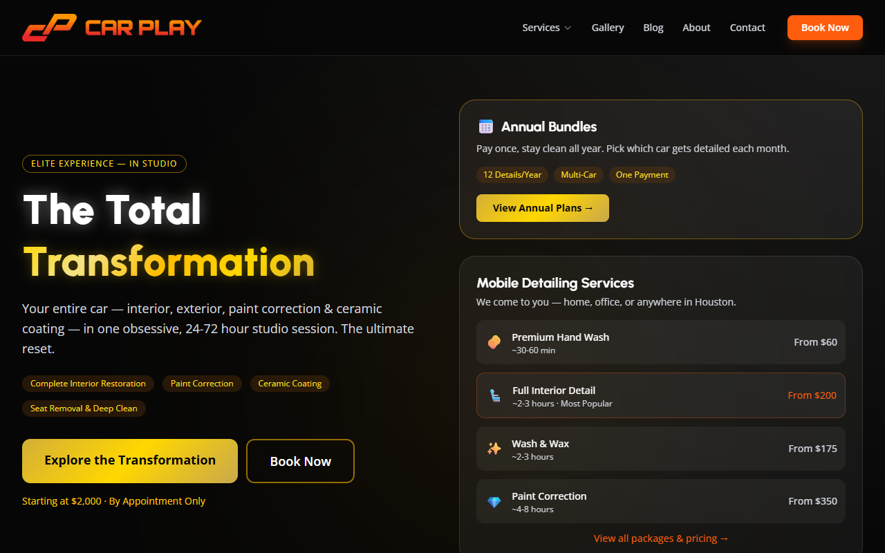 CarPlay Mobile Detail homepage — service business with local SEO